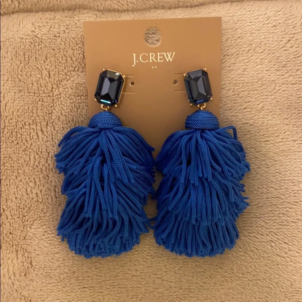 J.Crew Blue Tassel Statement Earrings Gold Tone Crystal Drop NWT